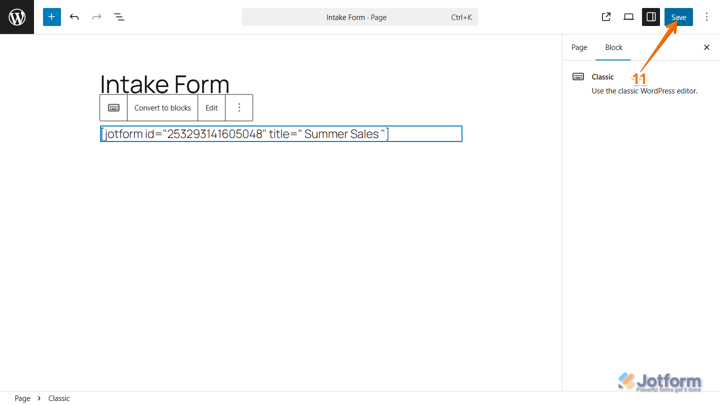 Save button in the WordPress editor