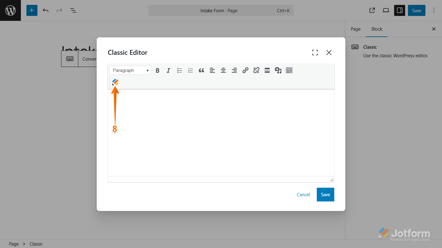 Jotform Embed Form Plugin icon in the Classic Editor