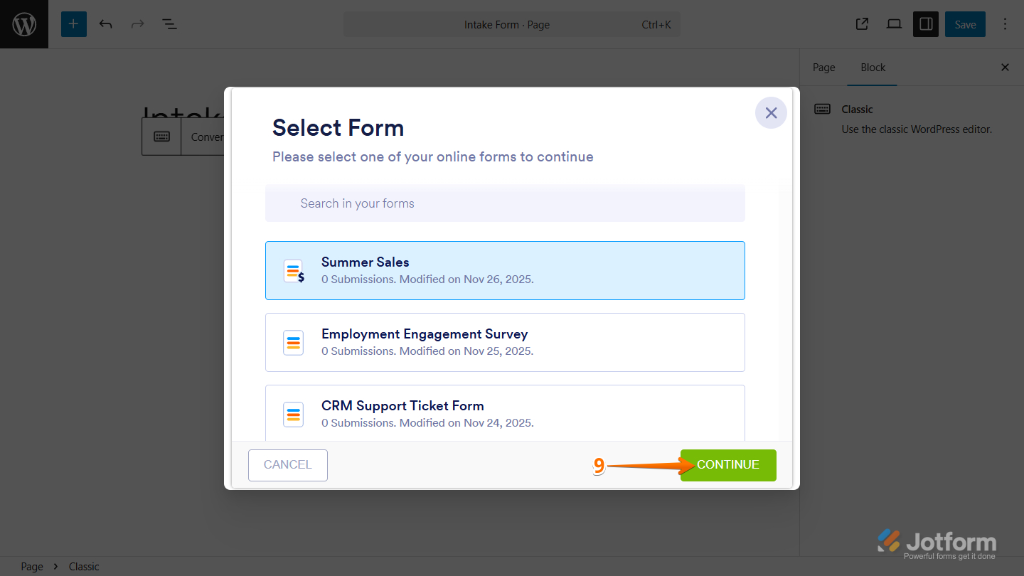 Select Form and Continue button in the Jotform Embed Form Plugin
