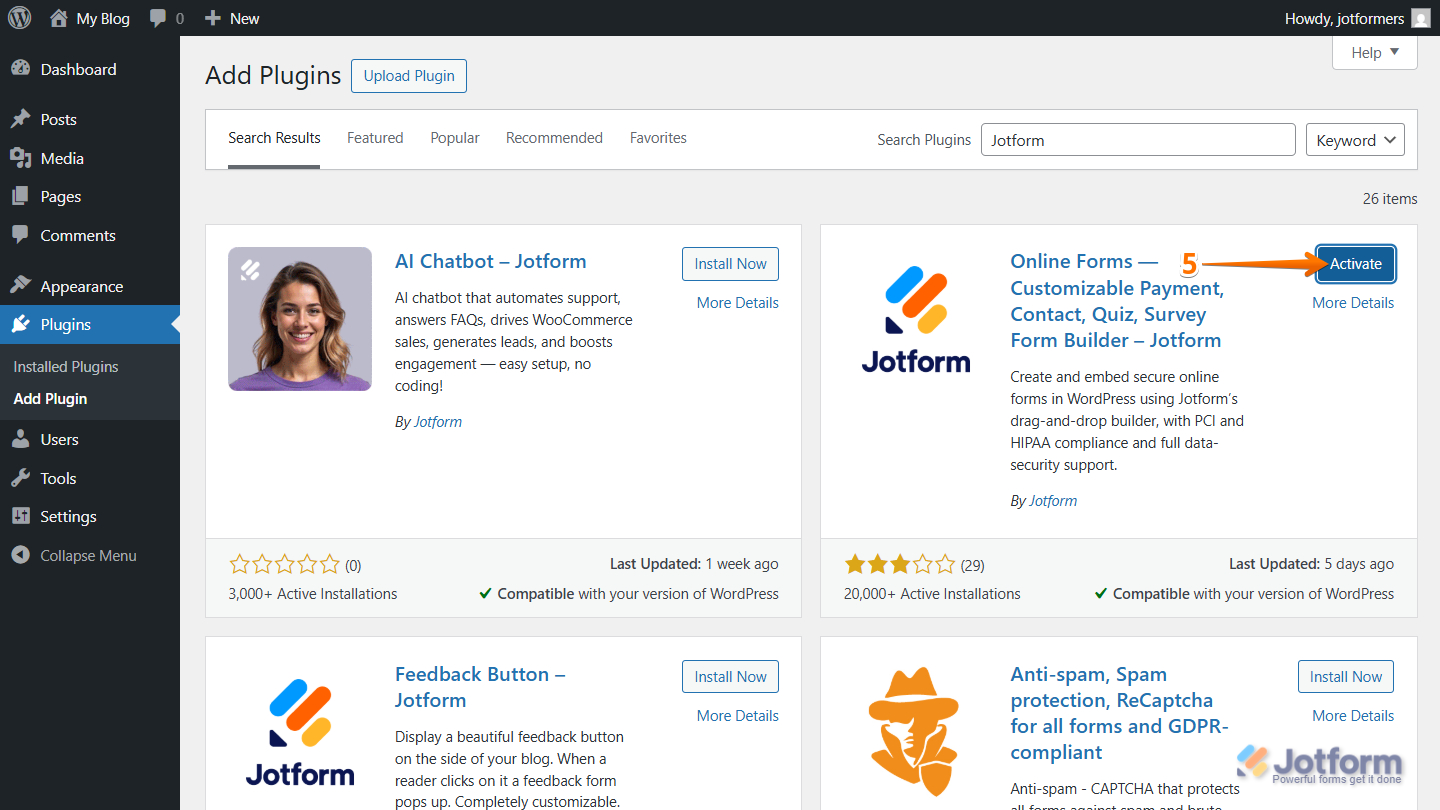 Active the Jotform Embed Form plugin