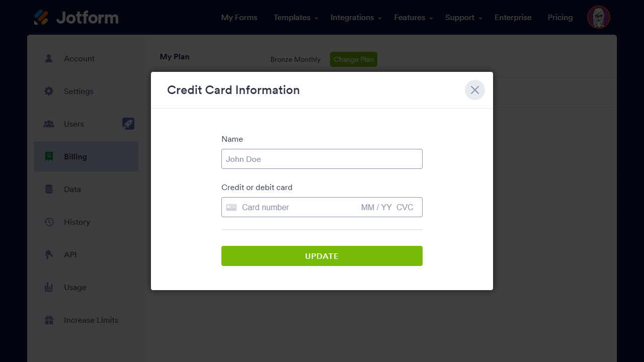 The Credit Card Information window on the Jotform Billing page