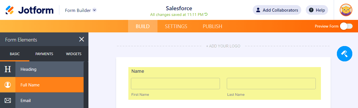 Elemento de Nombre Completo en el Creador de Formularios de Jotform