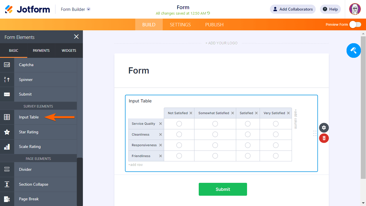 The Input Table elemet in Jotform Form Builder