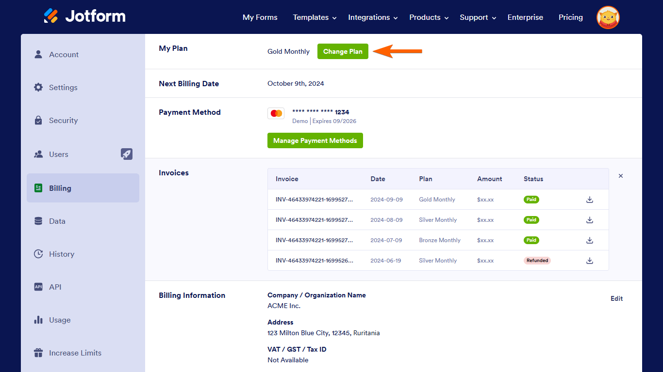Un botón para Cambiar Plan en la Facturación de Jotform