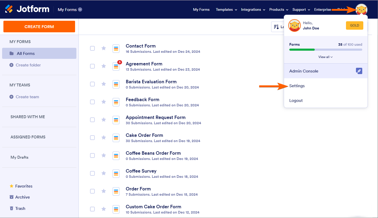 Clicking the Profile Picture Icon in My Forms page to open the Navigation Menu in Jotform