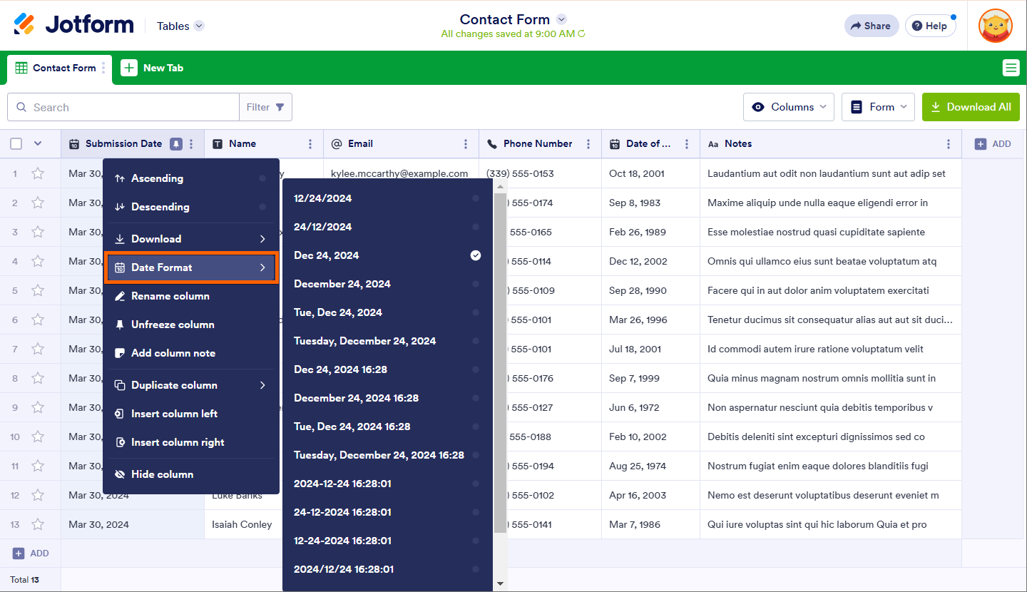 Column Menu of Date Format in Jotform Tables