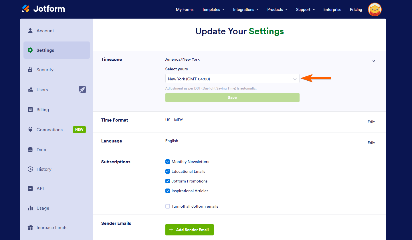 Selecting your Time Zone in the Timezone option of Jotform Accounts Settings Page