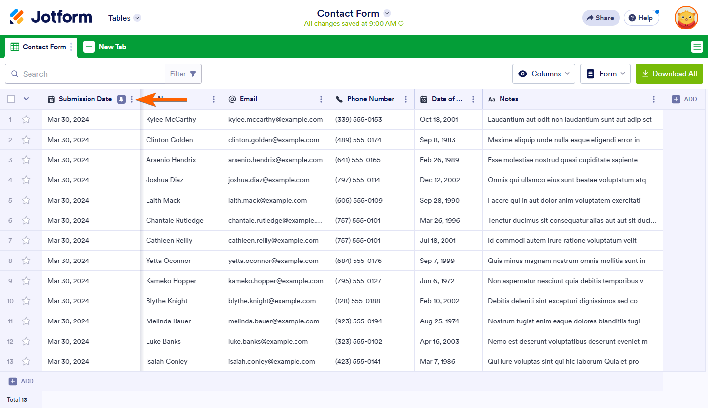 Three Dot's Icon of the Submission Date Column of Jotform Table