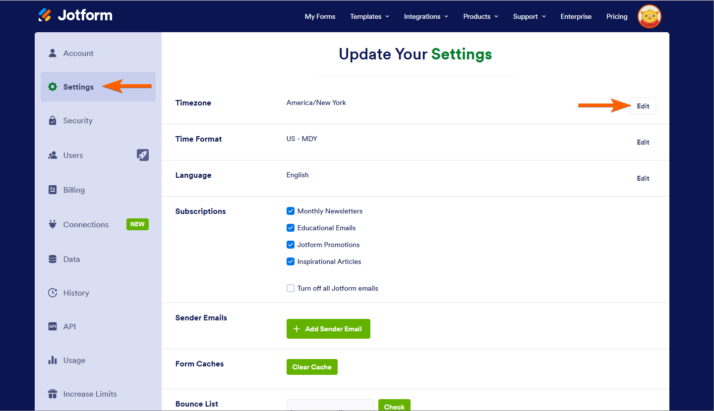 Settings Tab showing the Edit Icon of the Timezone option in Jotform Account Settings