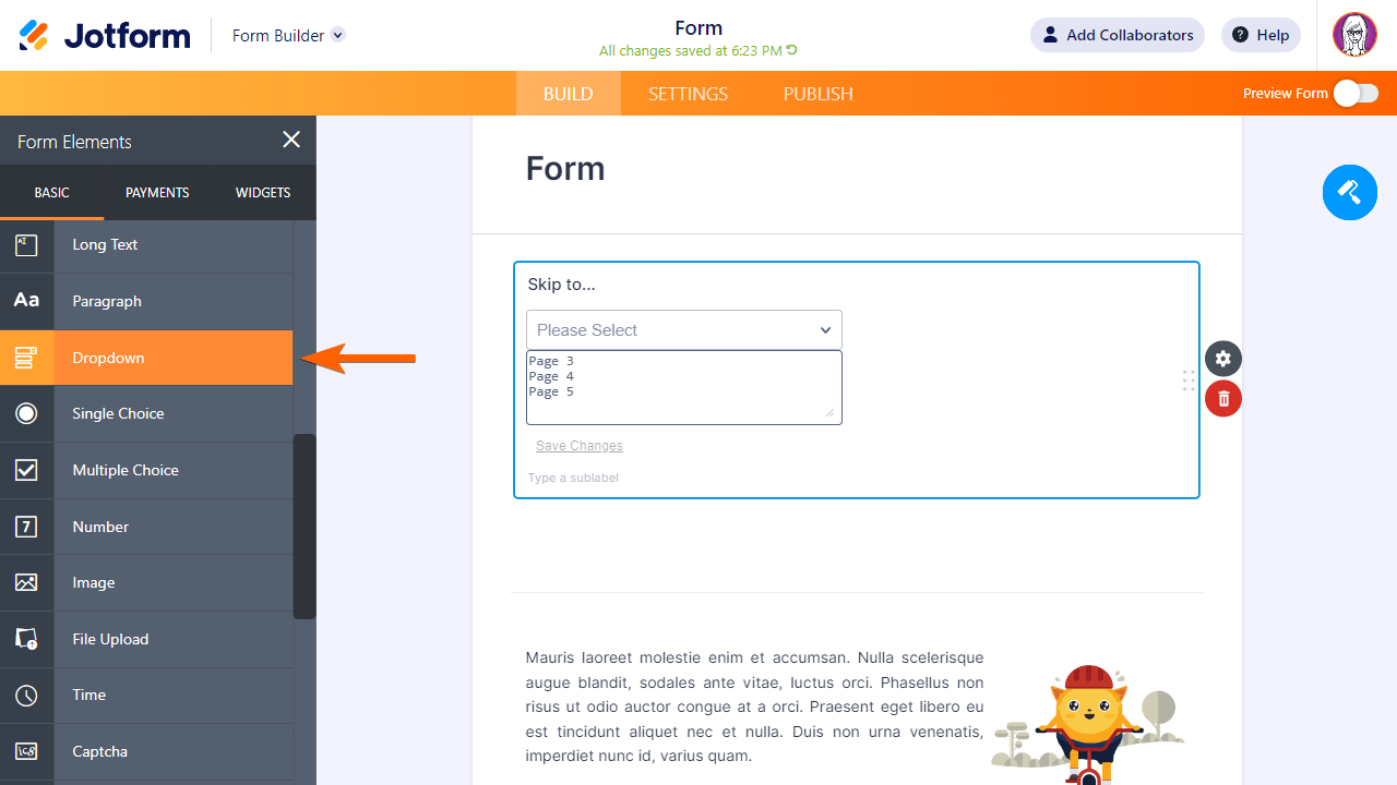 The Dropdown form element in Jotform Form Builder