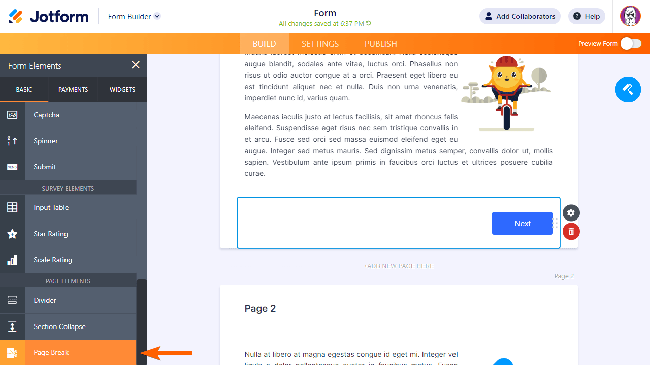 The Page Break form element in Jotform Form Builder