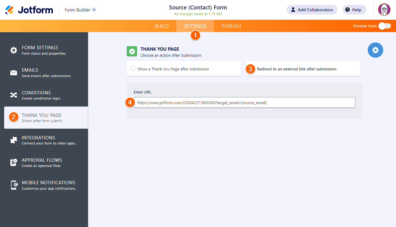 Steps to set up redirection in Form Builder