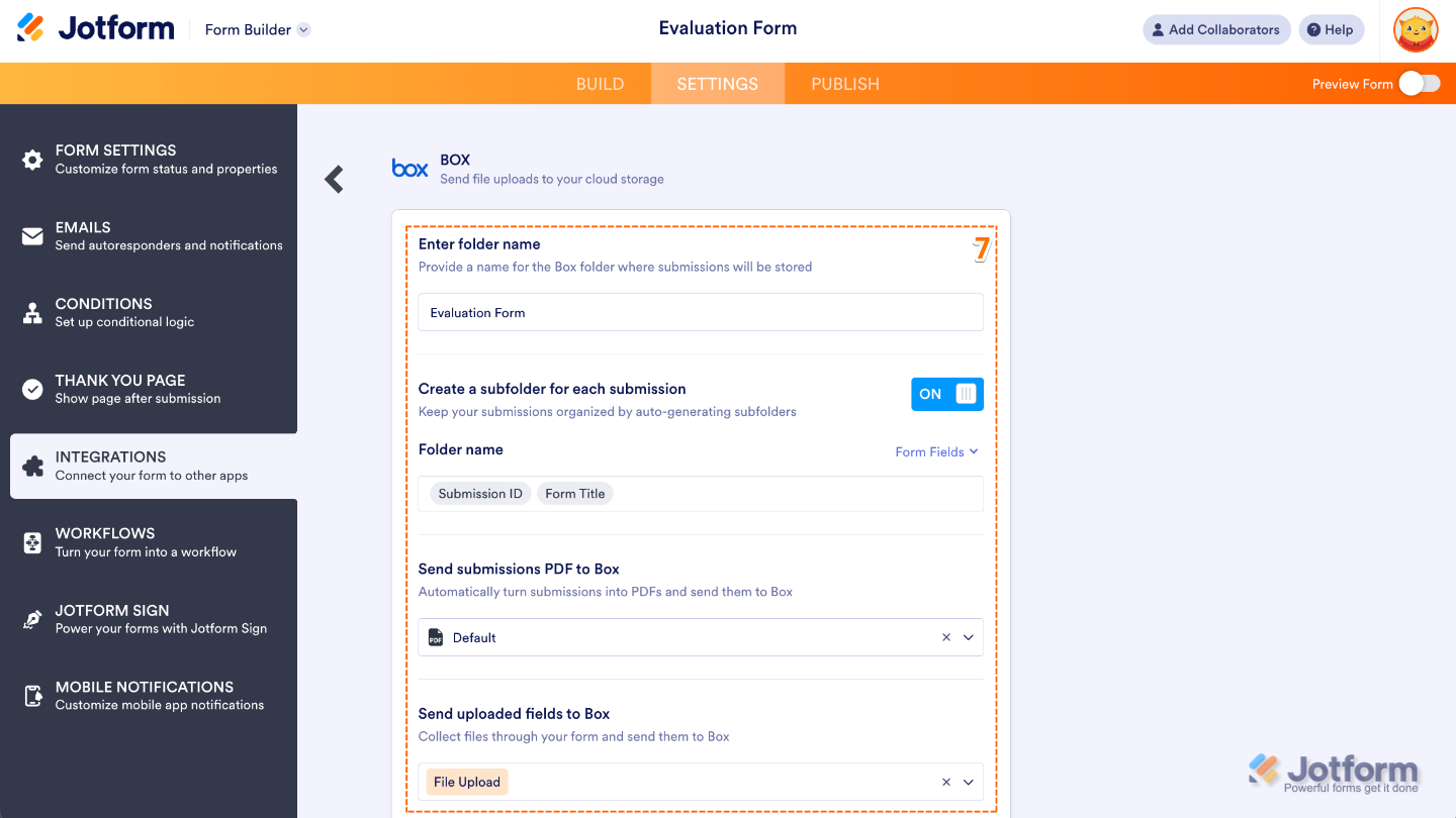 Configuring Box integration in form by entering a main folder name, enabling subfolders for each submission, selecting a PDF to send, and choosing uploaded files to store in Box