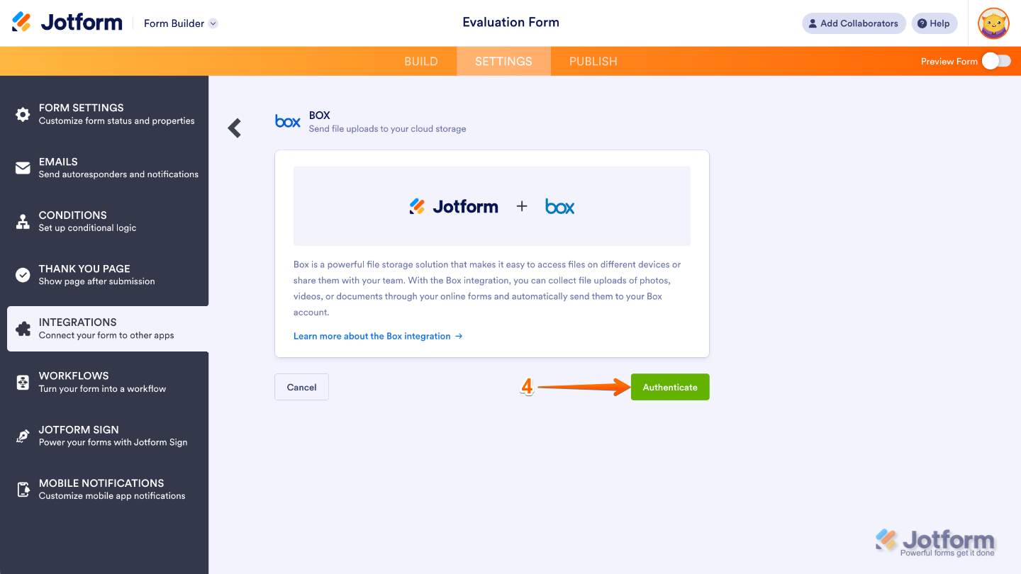 Clicking the Authenticate button in the form integration panel