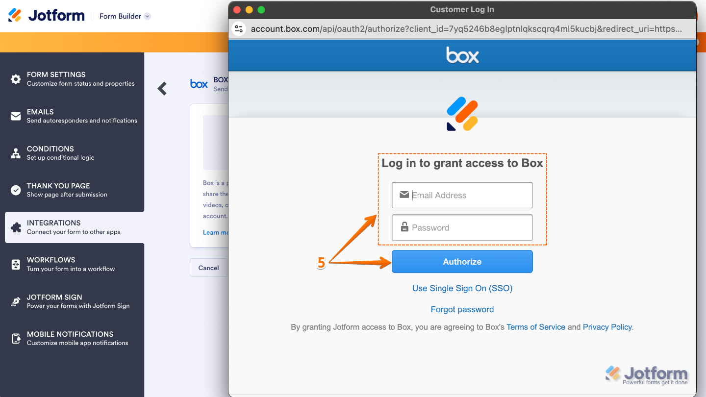 Logging in to the Box account and clicking the Authorize button to connect with the form