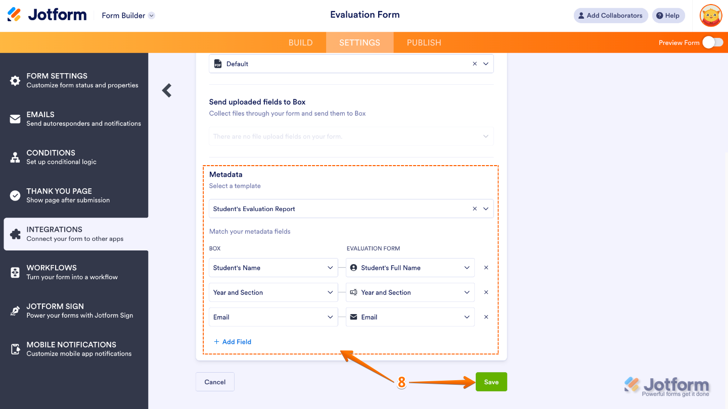 Scrolling to the Metadata section in the Box integration setup, selecting a metadata template, mapping form fields, and adding more fields before saving