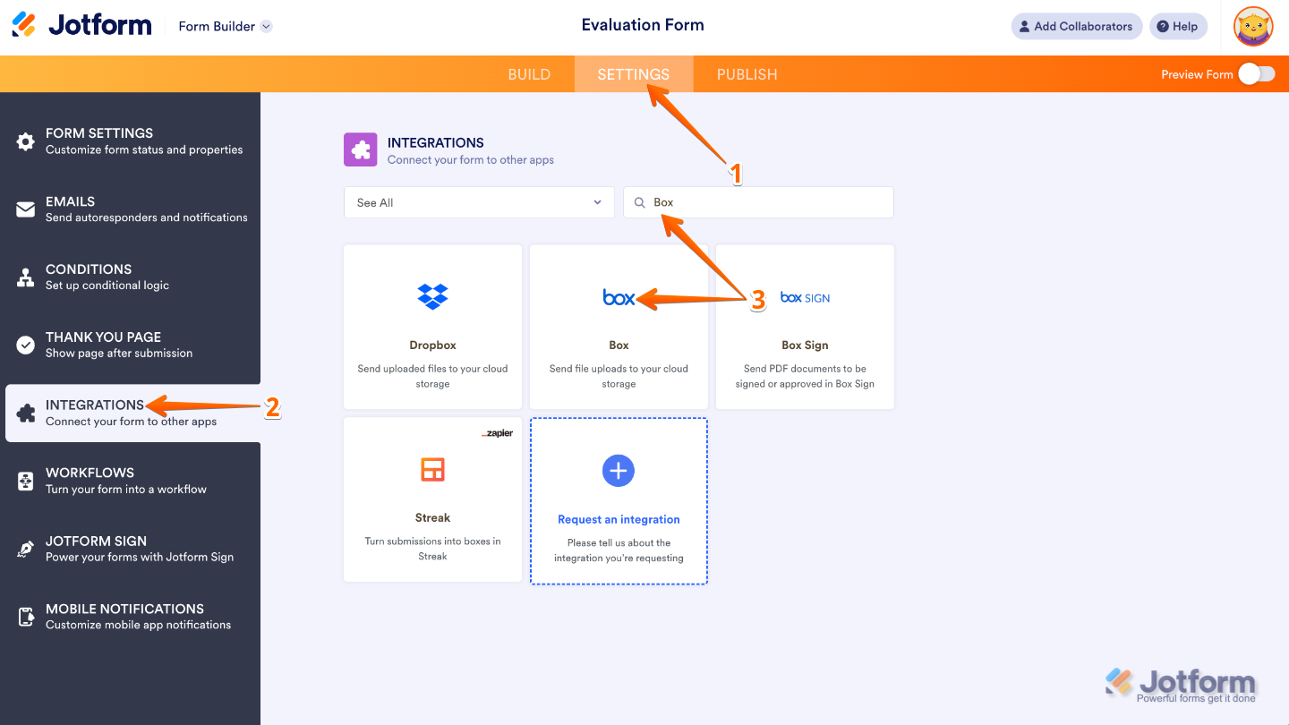 Clicking Settings in the orange top bar, selecting Integrations from the left menu, and searching for Box