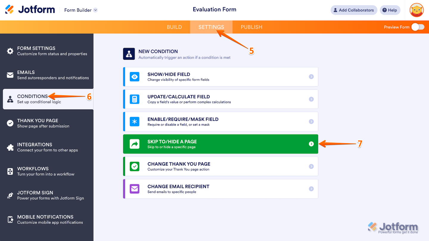 Form Builder showing condition rules configured to skip a selected page, with the Save button highlighted