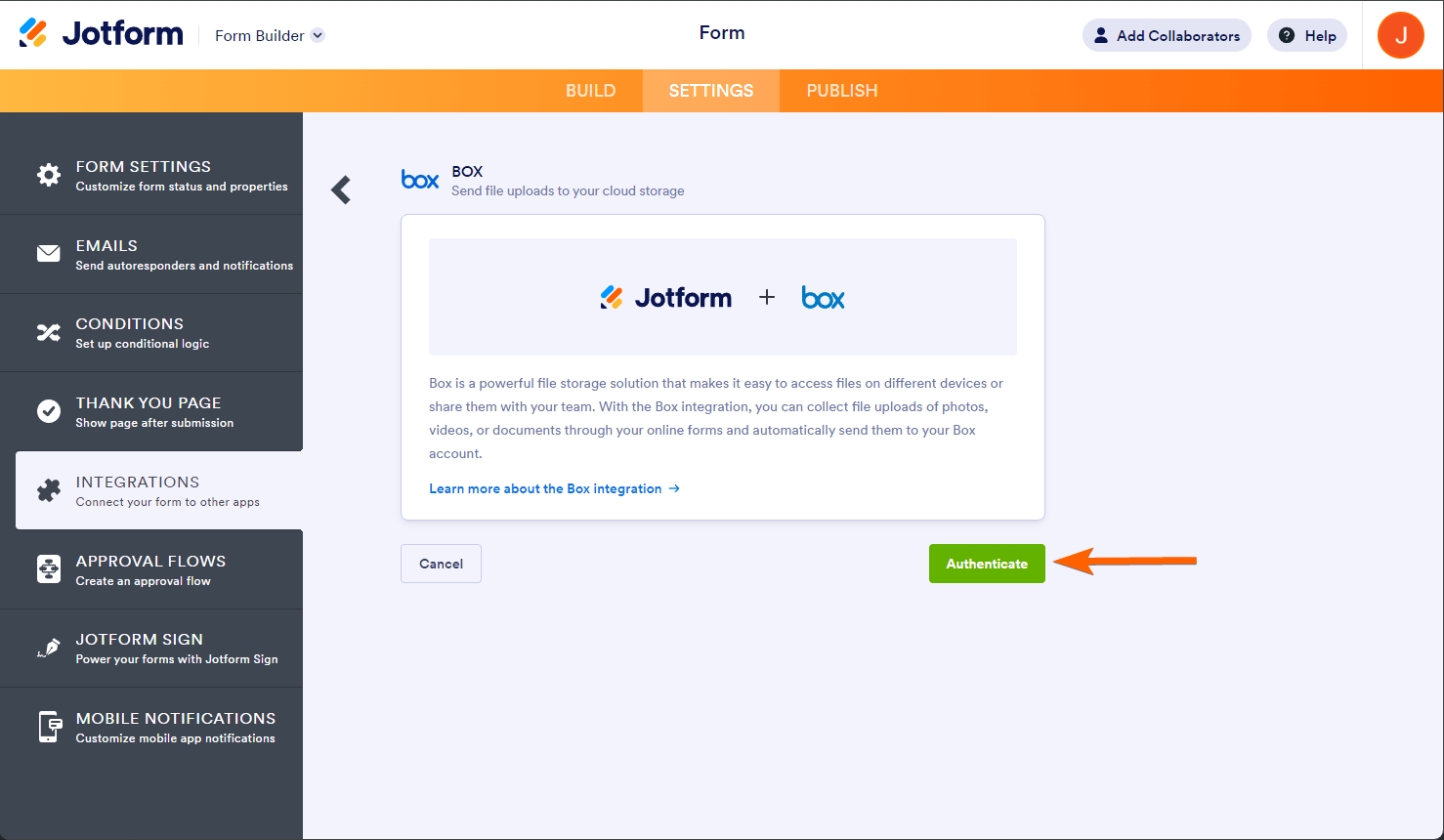 Botón de autentificación en los ajustes de integración de Jotform con Box