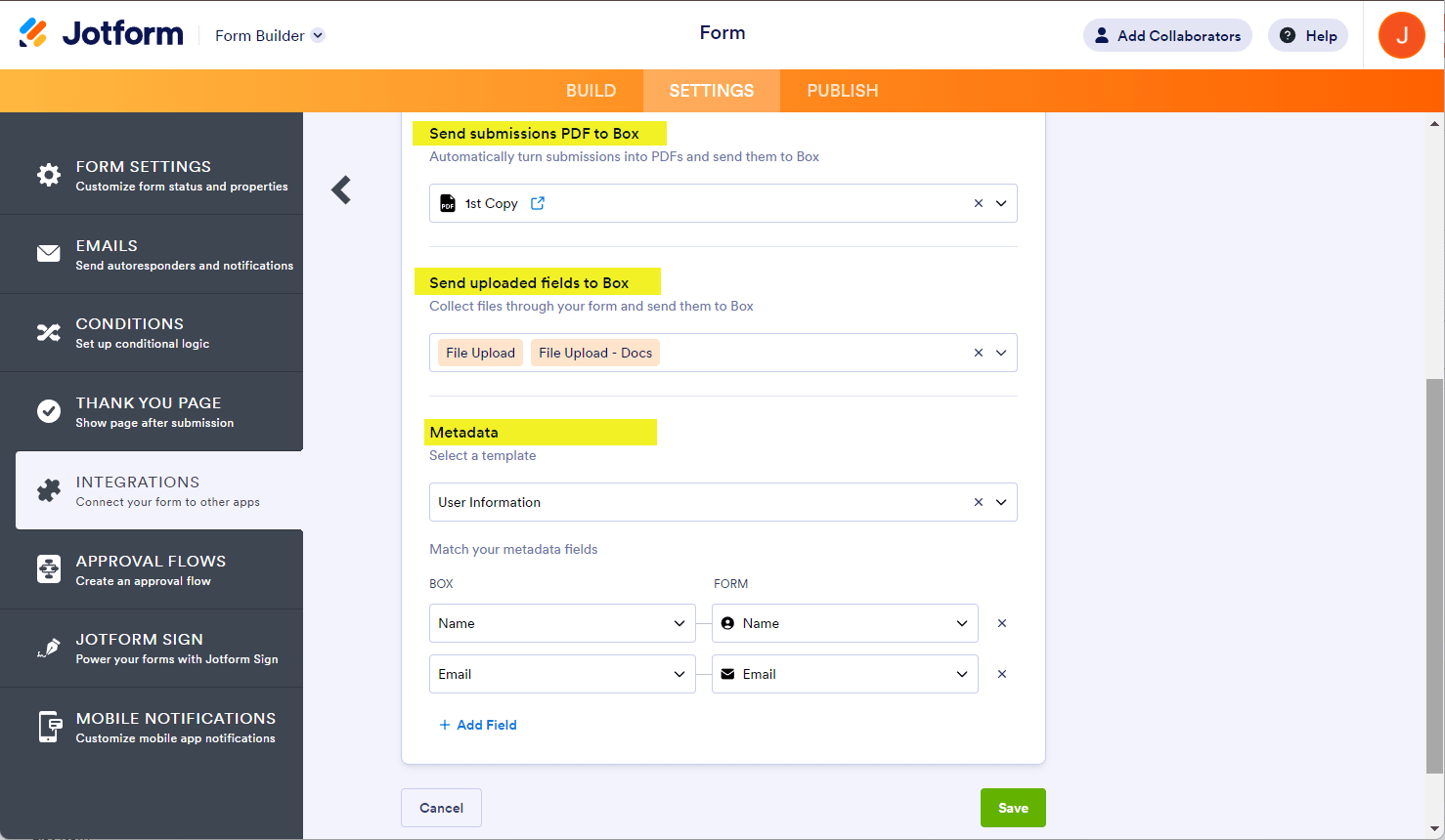 Opciones de PDF de envíos, archivos subidos y metadatos en los ajustes de integración de Jotform con Box