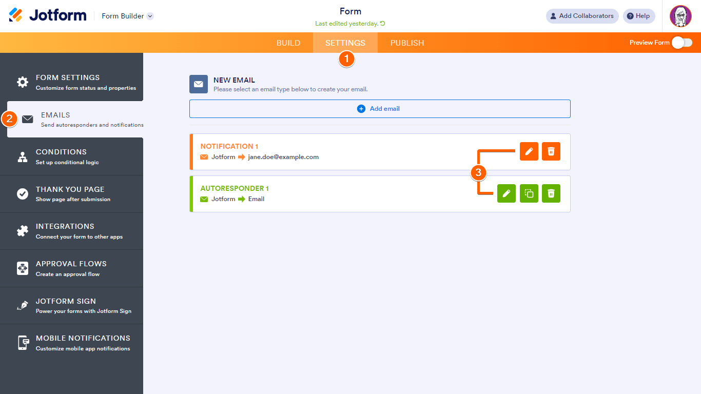 Steps to edit email alerts in Jotform Form Builder