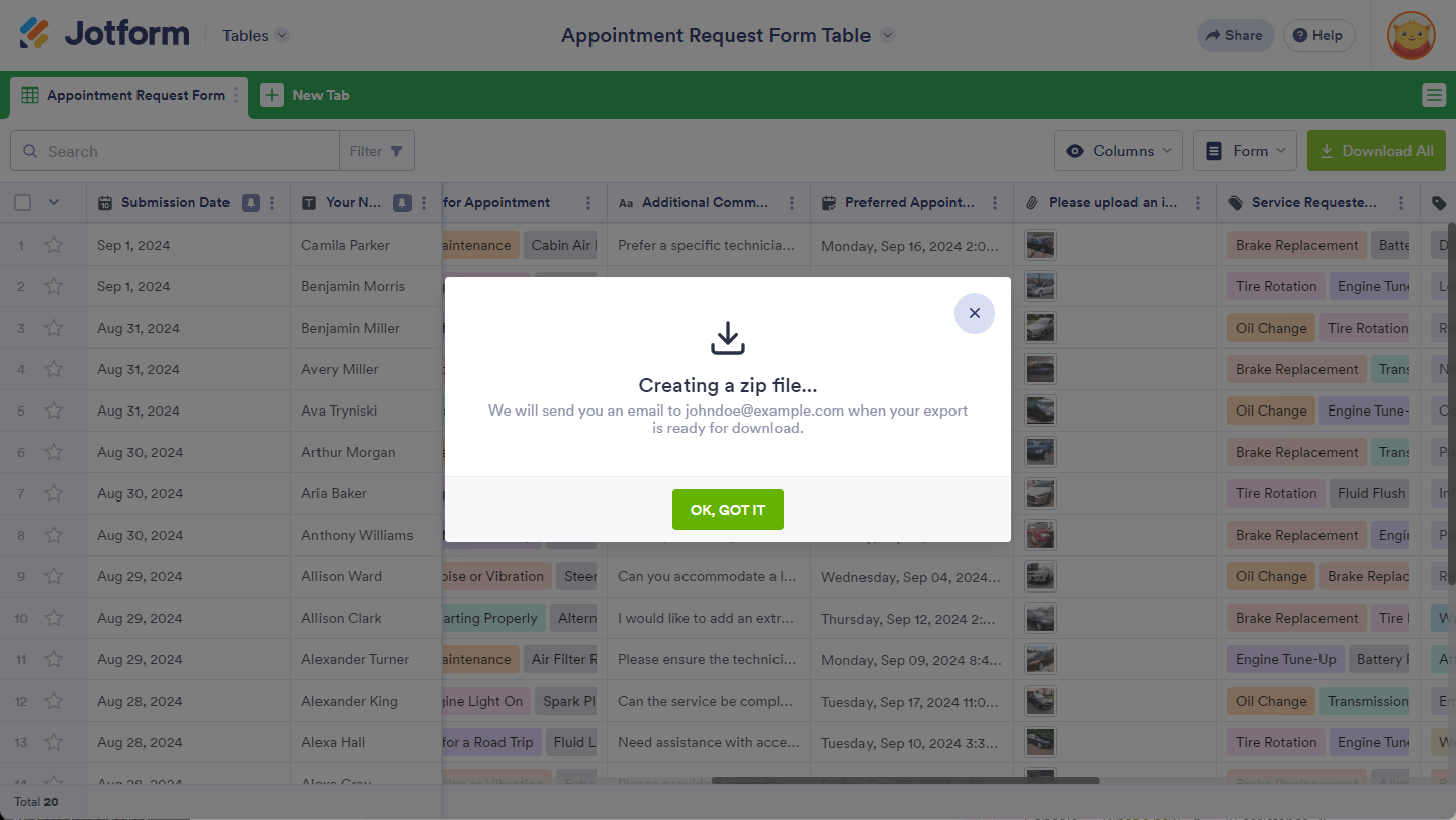 Crear una ventana emergente de archivo zip en Jotform Tables