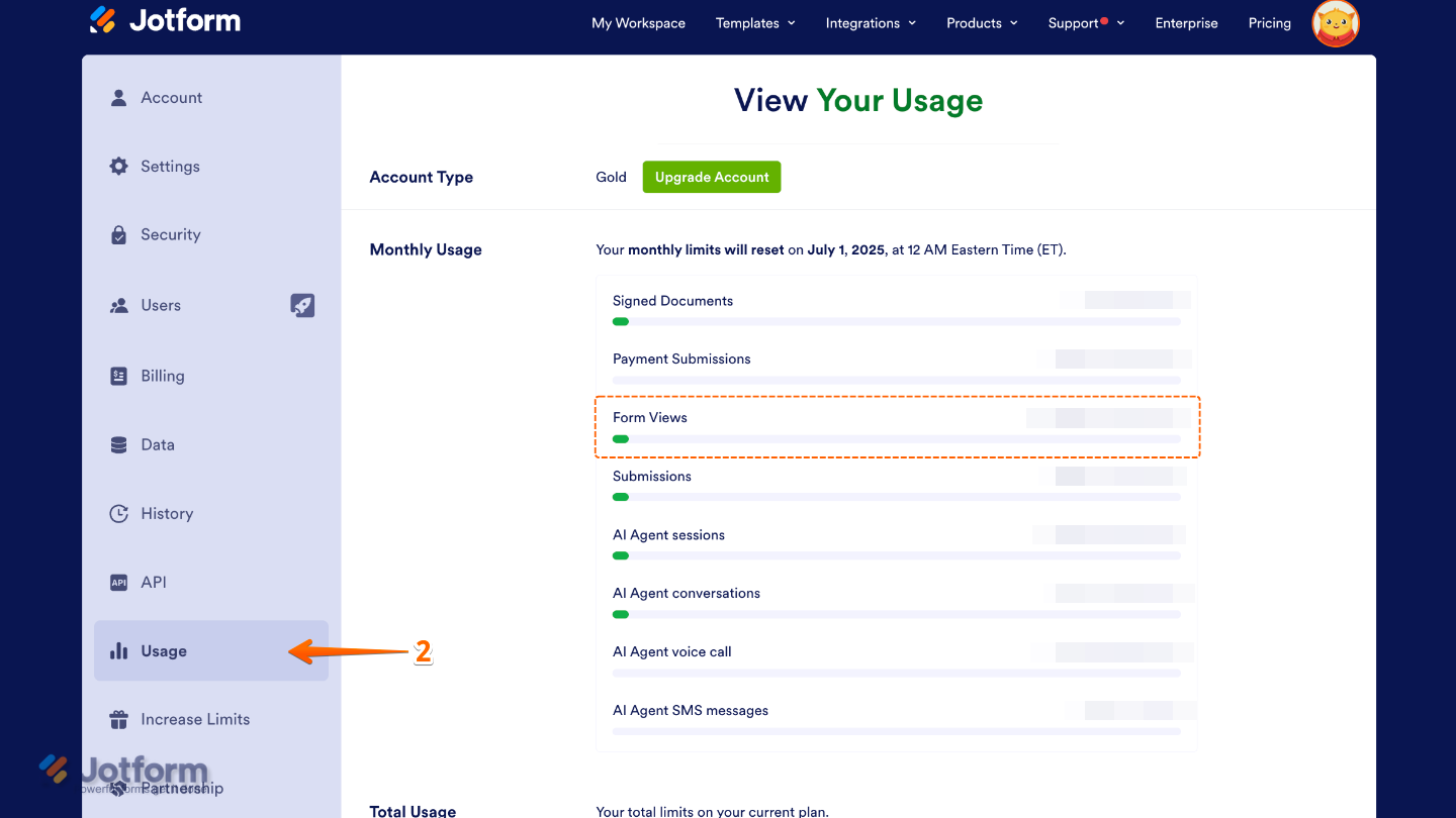 Account Settings page showing the Usage tab selected on the left, with the Monthly Usage section displaying Form Views