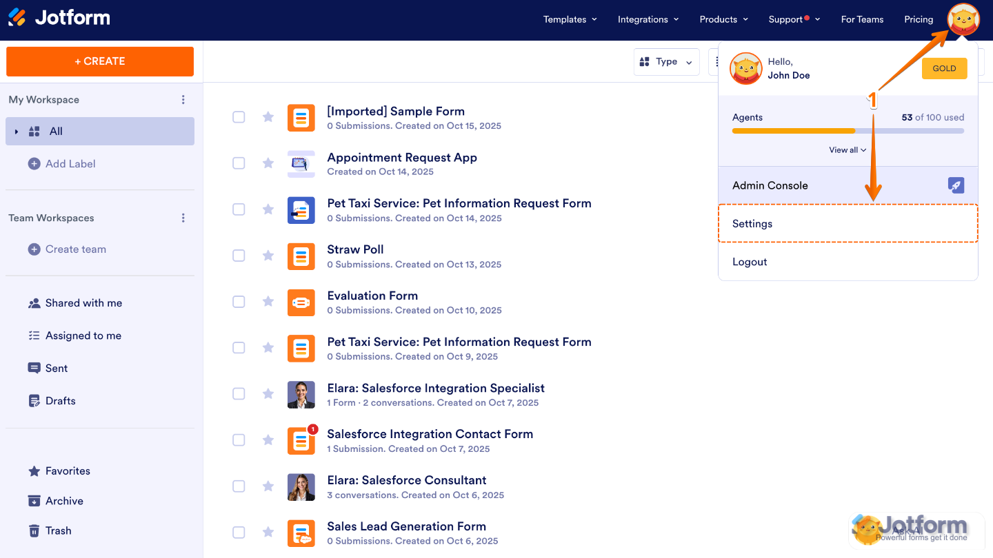 Workspace interface showing the user selecting Settings from the profile dropdown in the top-right corner