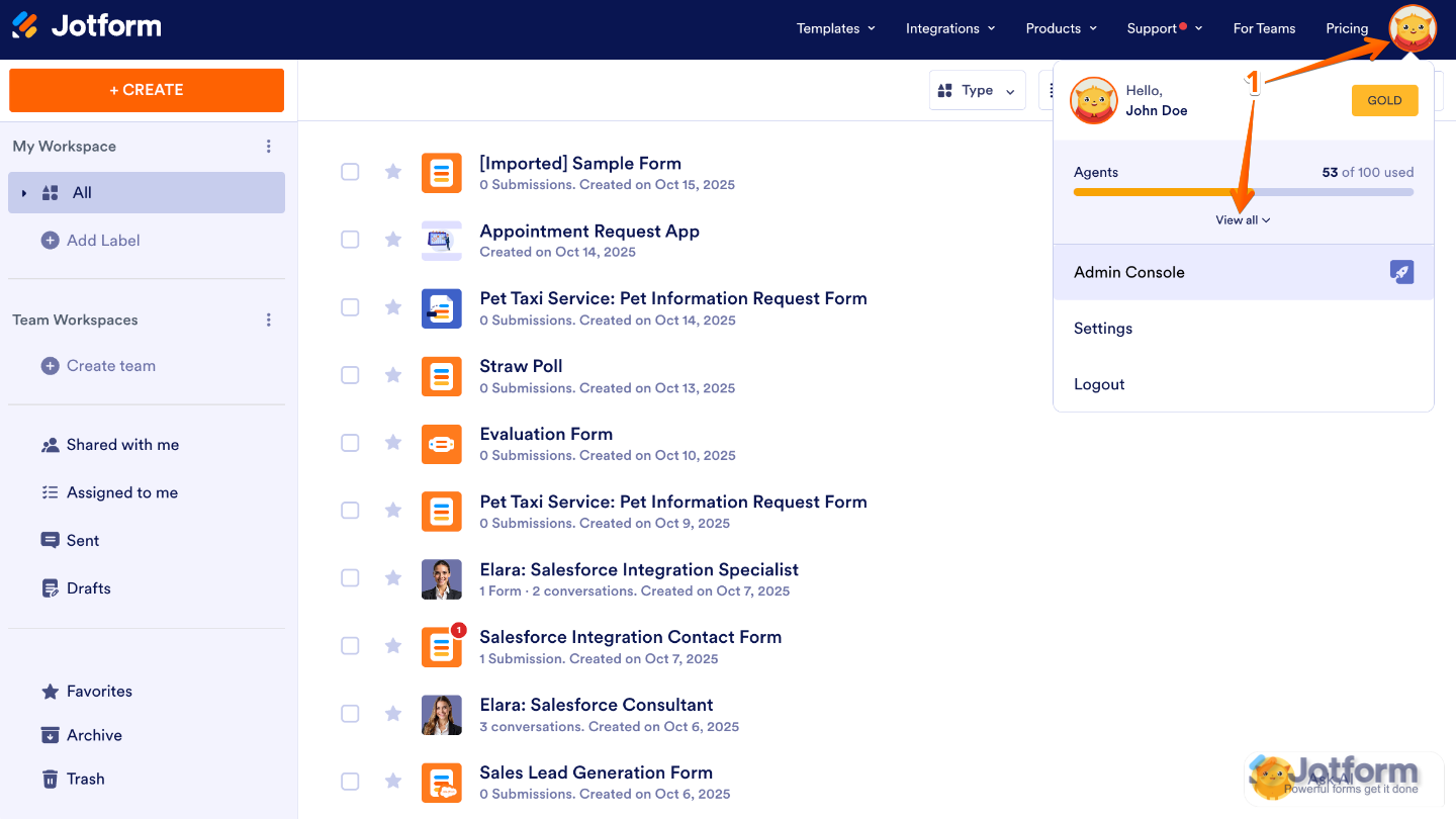 Workspace page showing the user’s Avatar/Profile Image in the top-right corner
