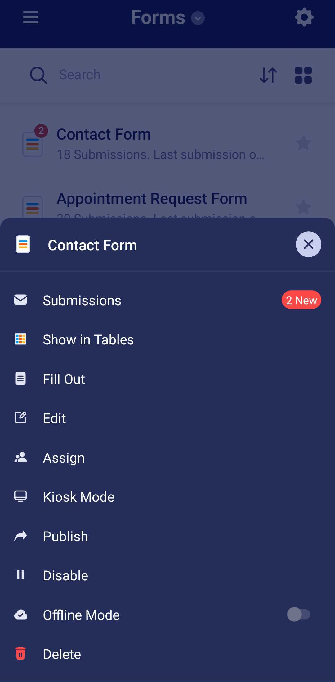Opciones de formulario en la app Jotform Mobile Forms