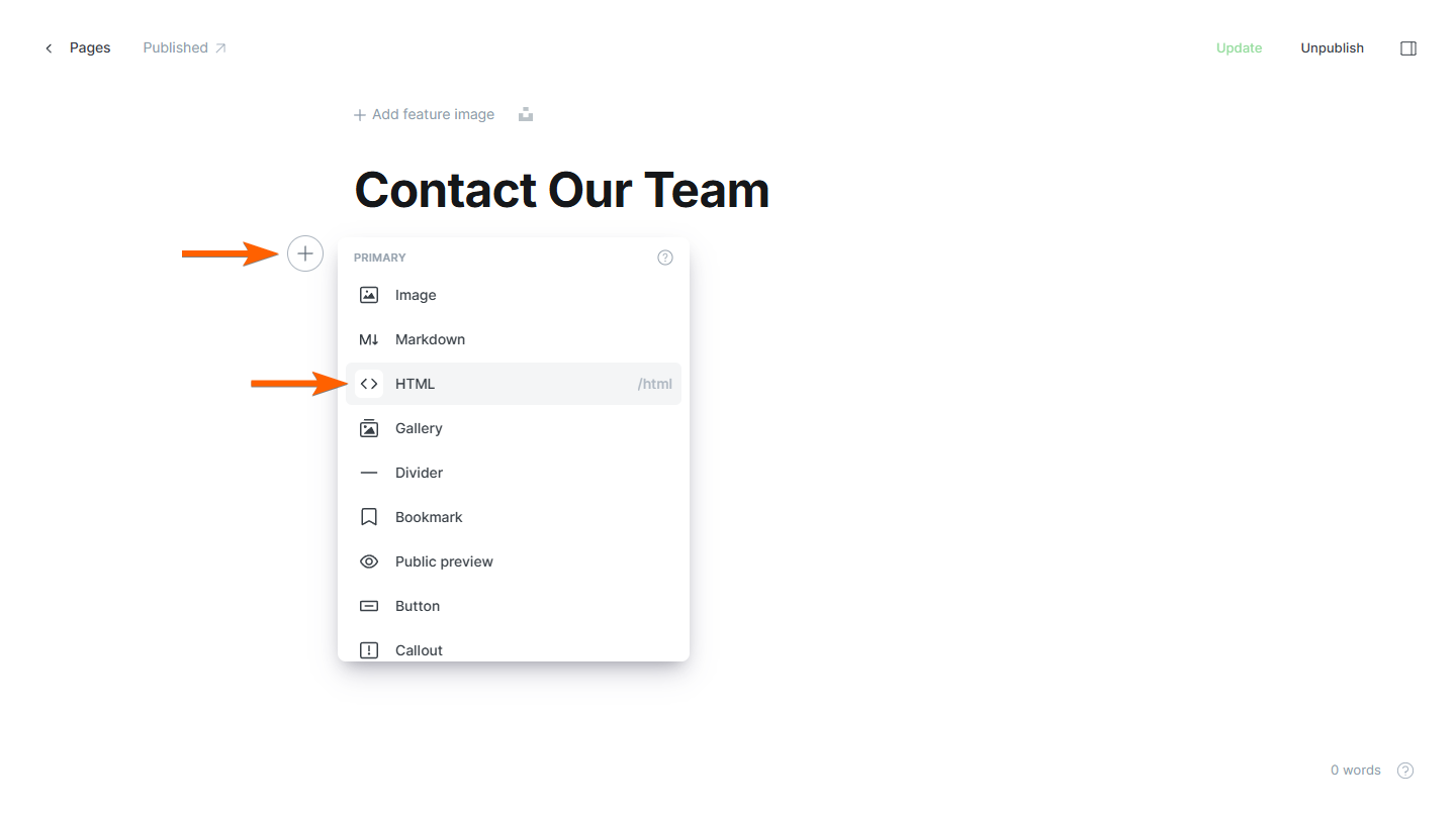 Capture d'écran de l'option de carte HTML dans le menu Cartes dans l'éditeur Ghost