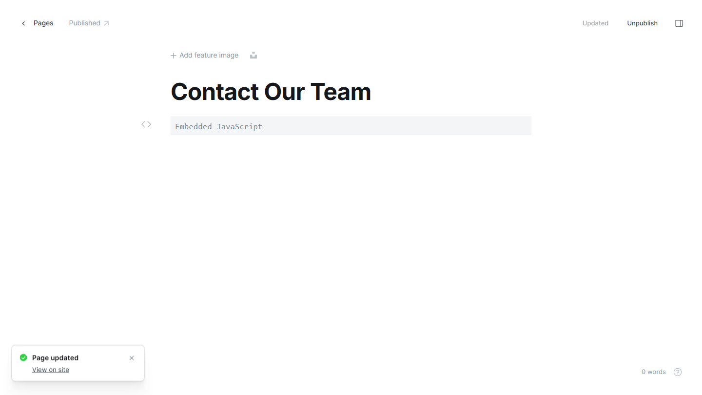 Capture d'écran du message message « Embedded Javascript » (Javascript intégré) sur la carte HTML dans l'éditeur Ghost