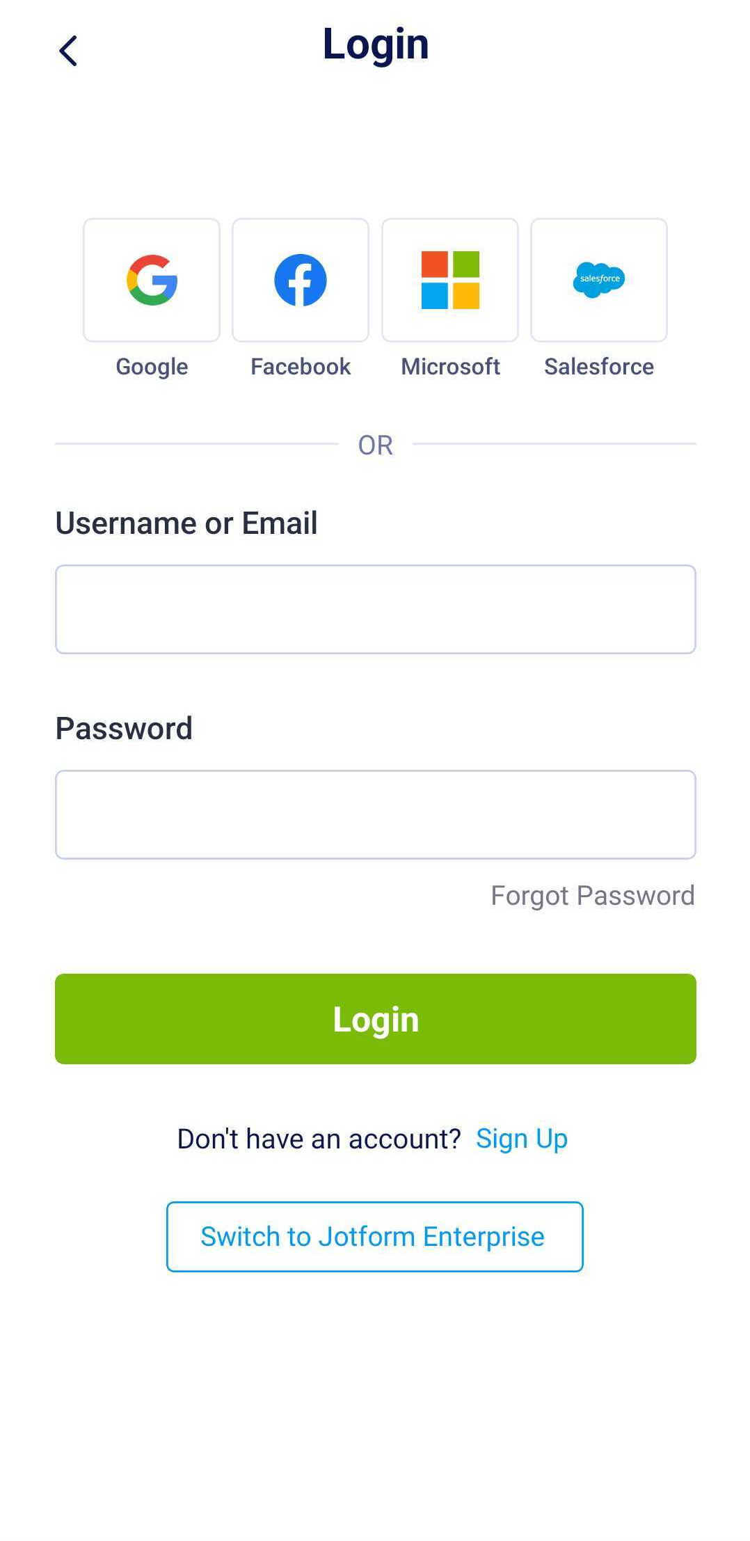Opción de iniciar sesión en la aplicación móvil de Jotform