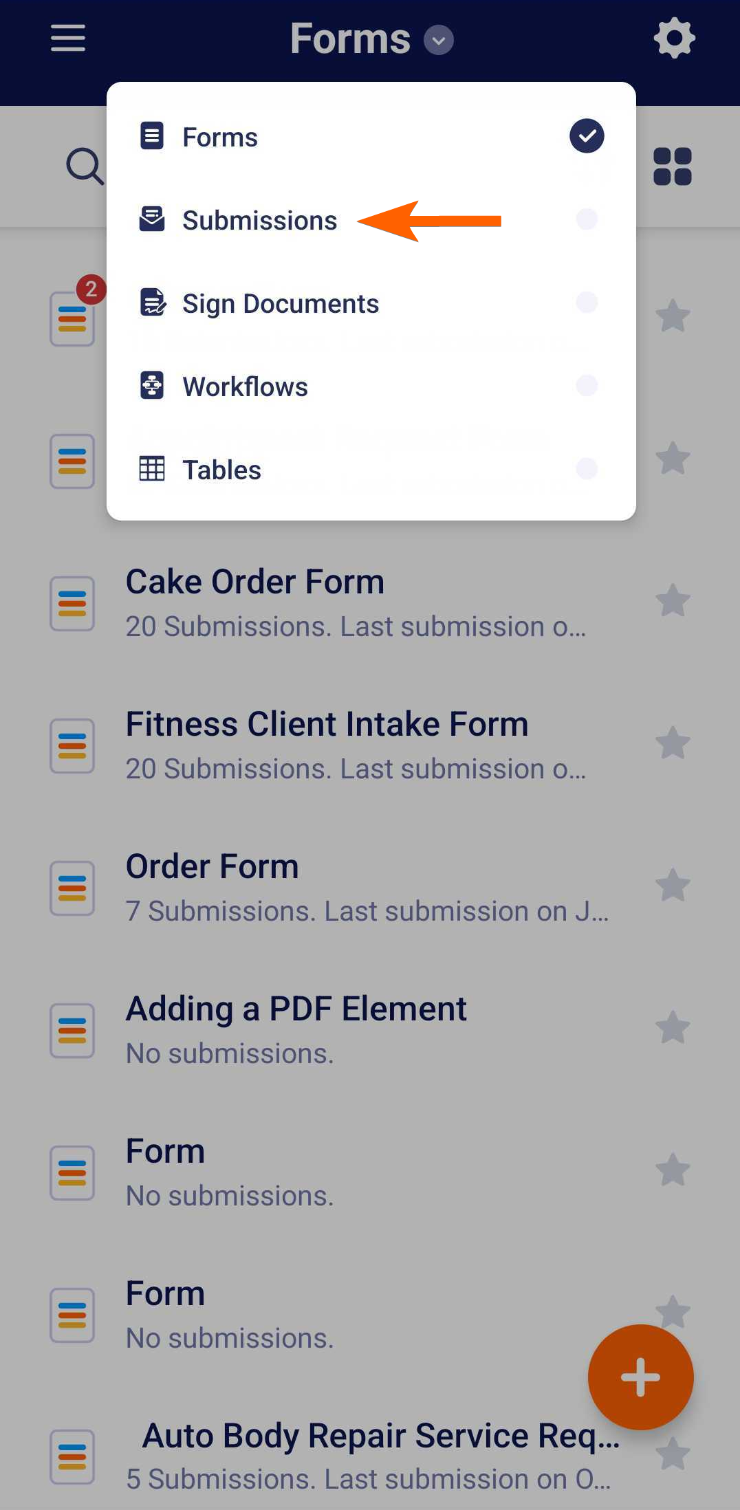 Opción para abrir la Bandeja de Envíos en la app Jotform Mobile Forms