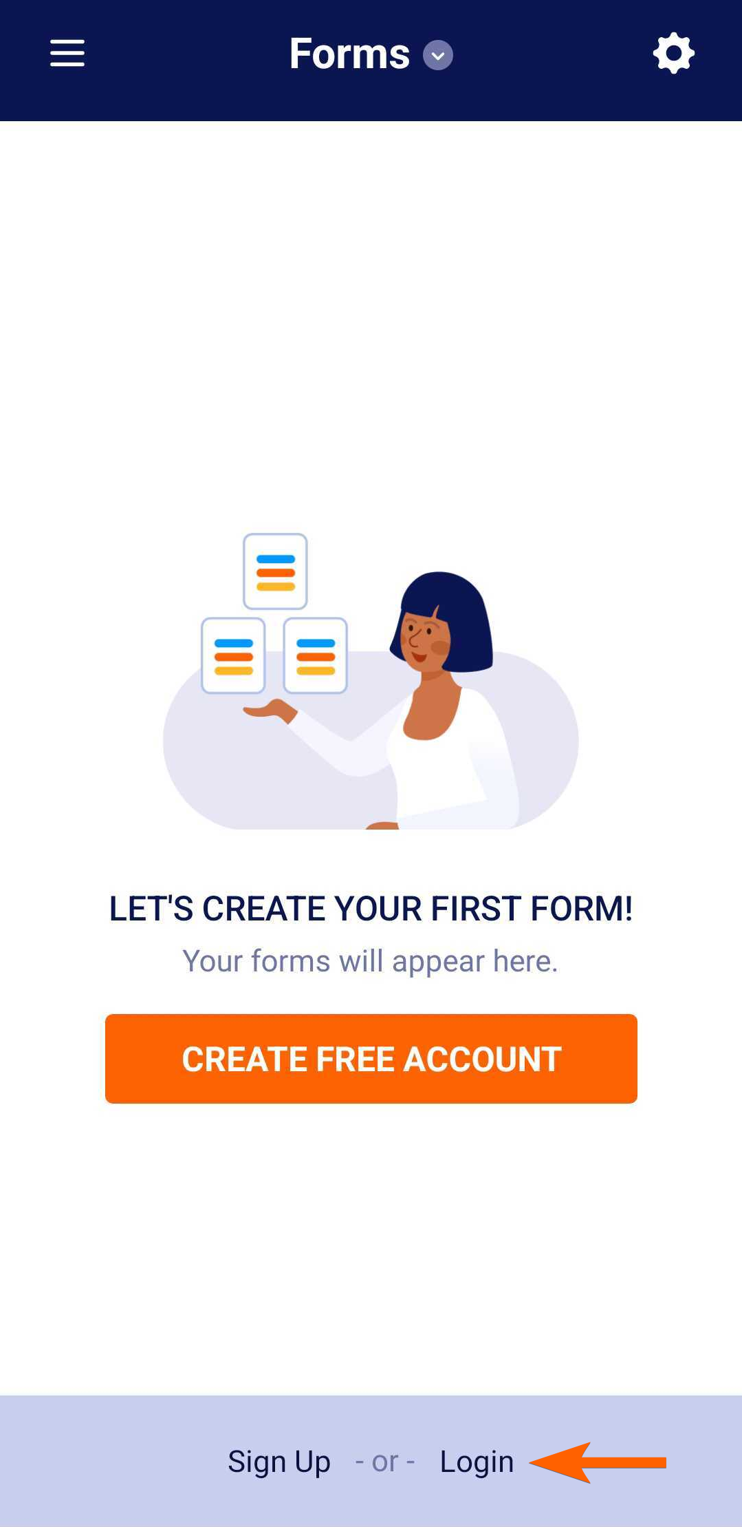Opción de Registrarse o Iniciar sesión en la aplicación móvil de Jotform