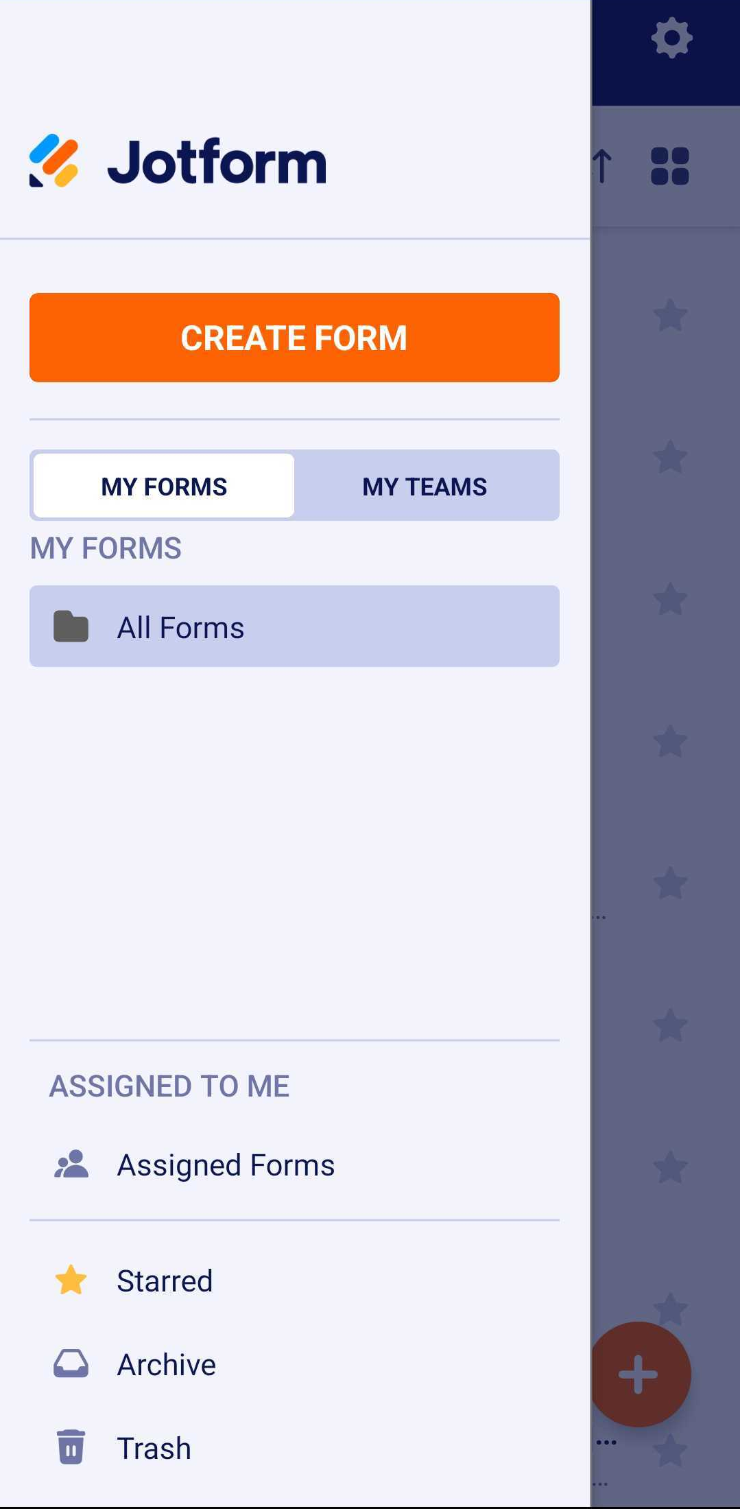 Página del menú de formularios en la app Jotform Mobile Forms
