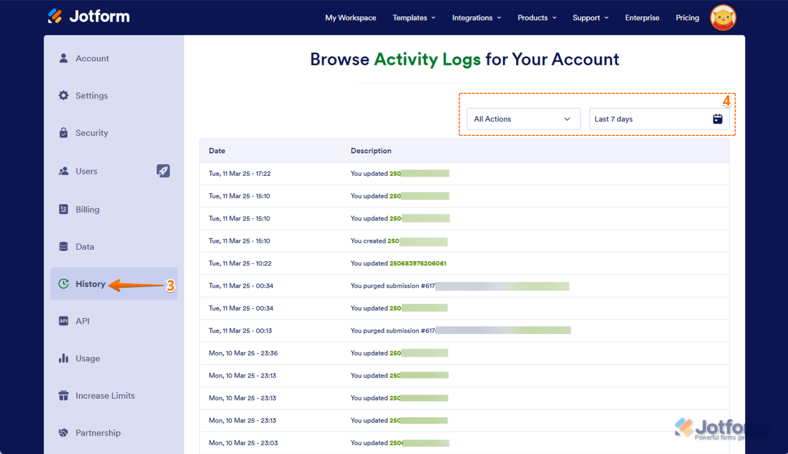 On the History Settings page, the top-right dropdown menu allows filtering by Actions (e
