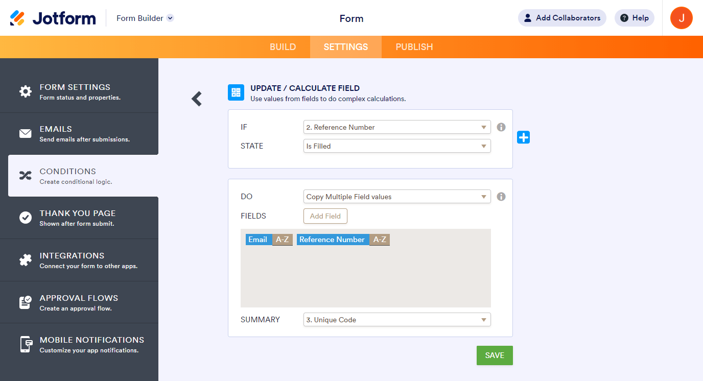 Condición para Actualizar o Calcular Campo en el Creador de Formularios de Jotform mostrando las reglas If y Do para combinar las entradas de múltiples campos