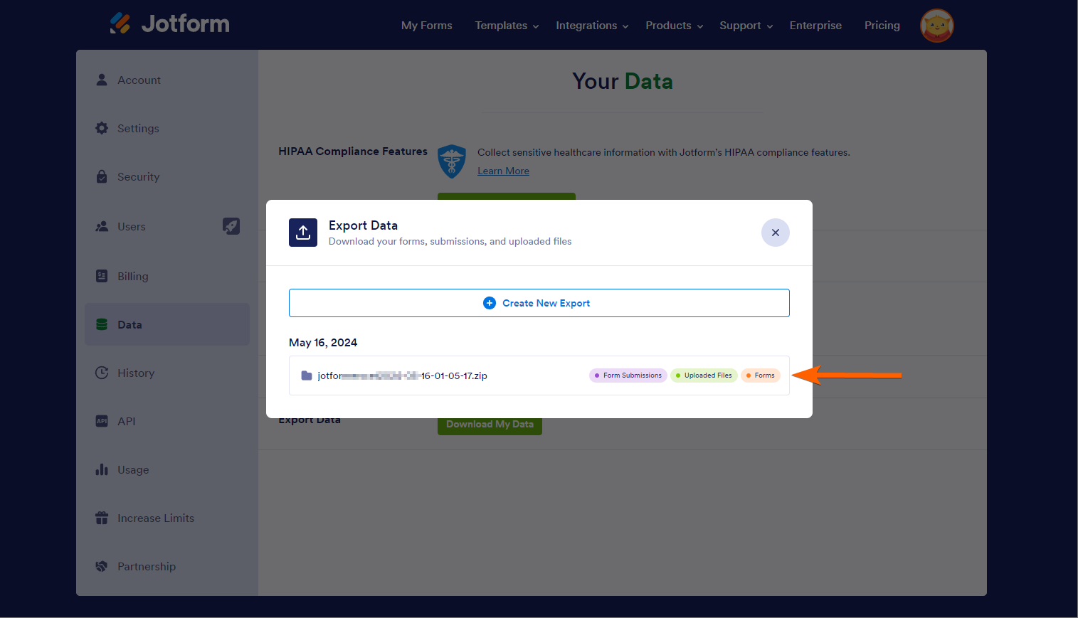 Datos comprimidos en el proceso de Exportar Datos en Jotform