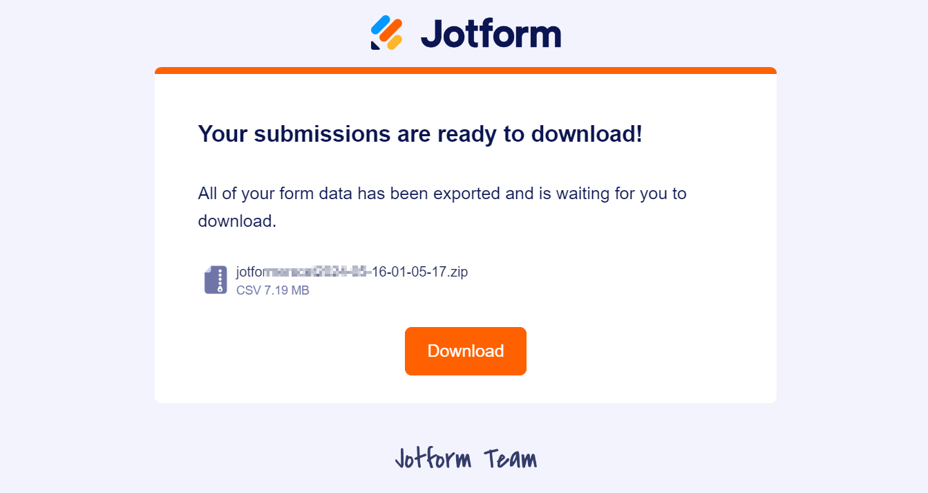 Botón de descarga en la notificación de exportación de datos de Jotform