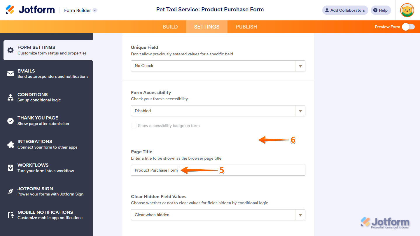 Page Title section Input box in the Form Settings menu in the Settings tab of the Jotform Form Builder