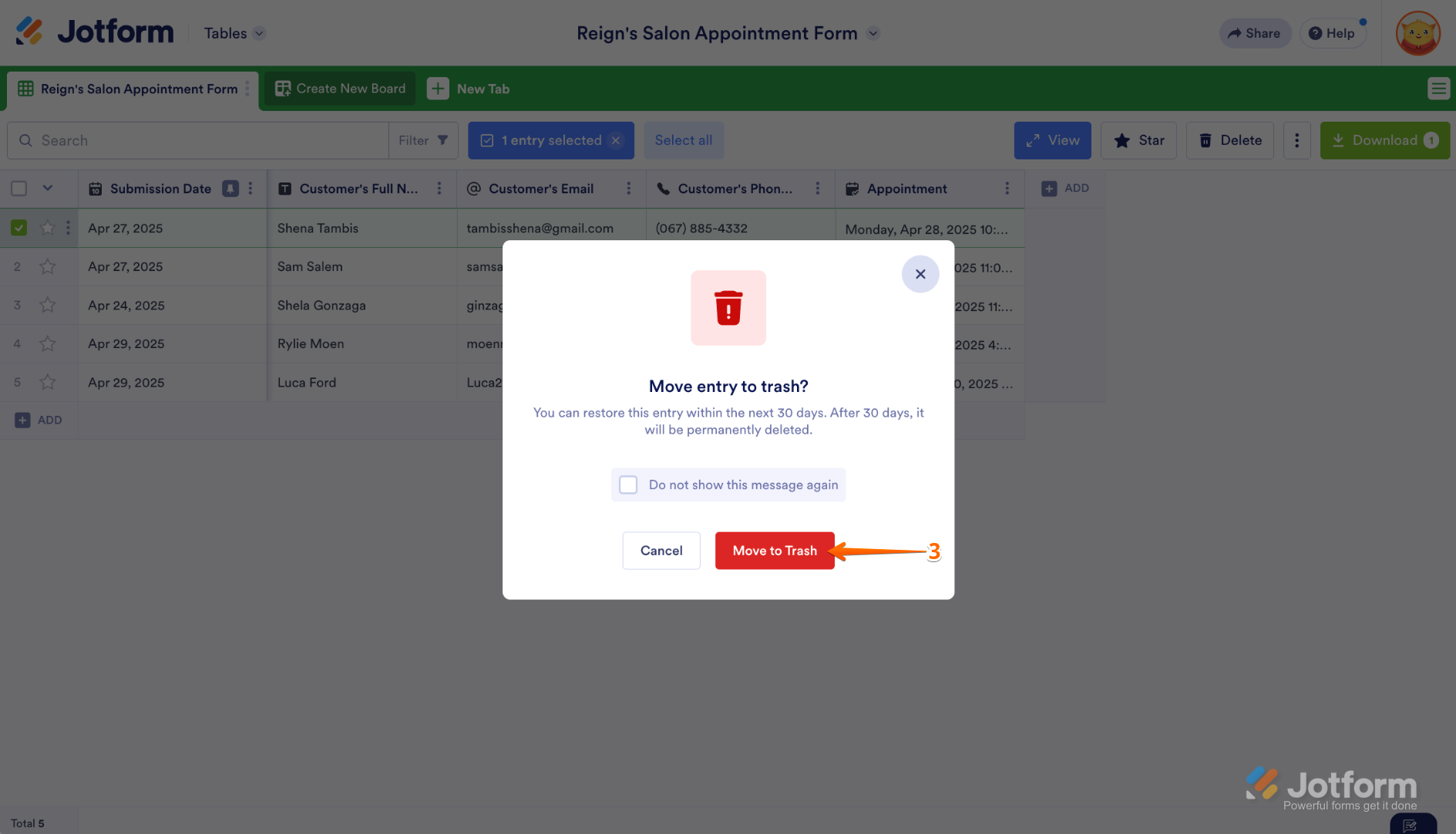 Confirming deletion of a submission by clicking Move to Trash in the confirmation window