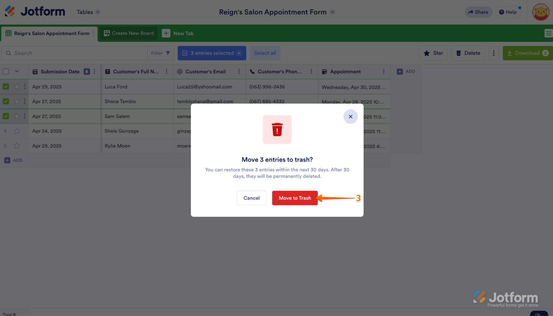 Confirmation window asking the user to confirm moving selected submissions to Trash