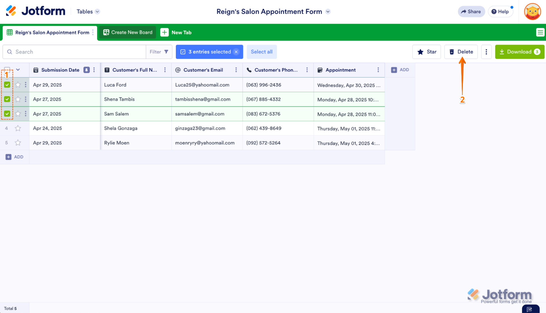 Selecting multiple submissions in form tables and clicking the Delete button to remove them