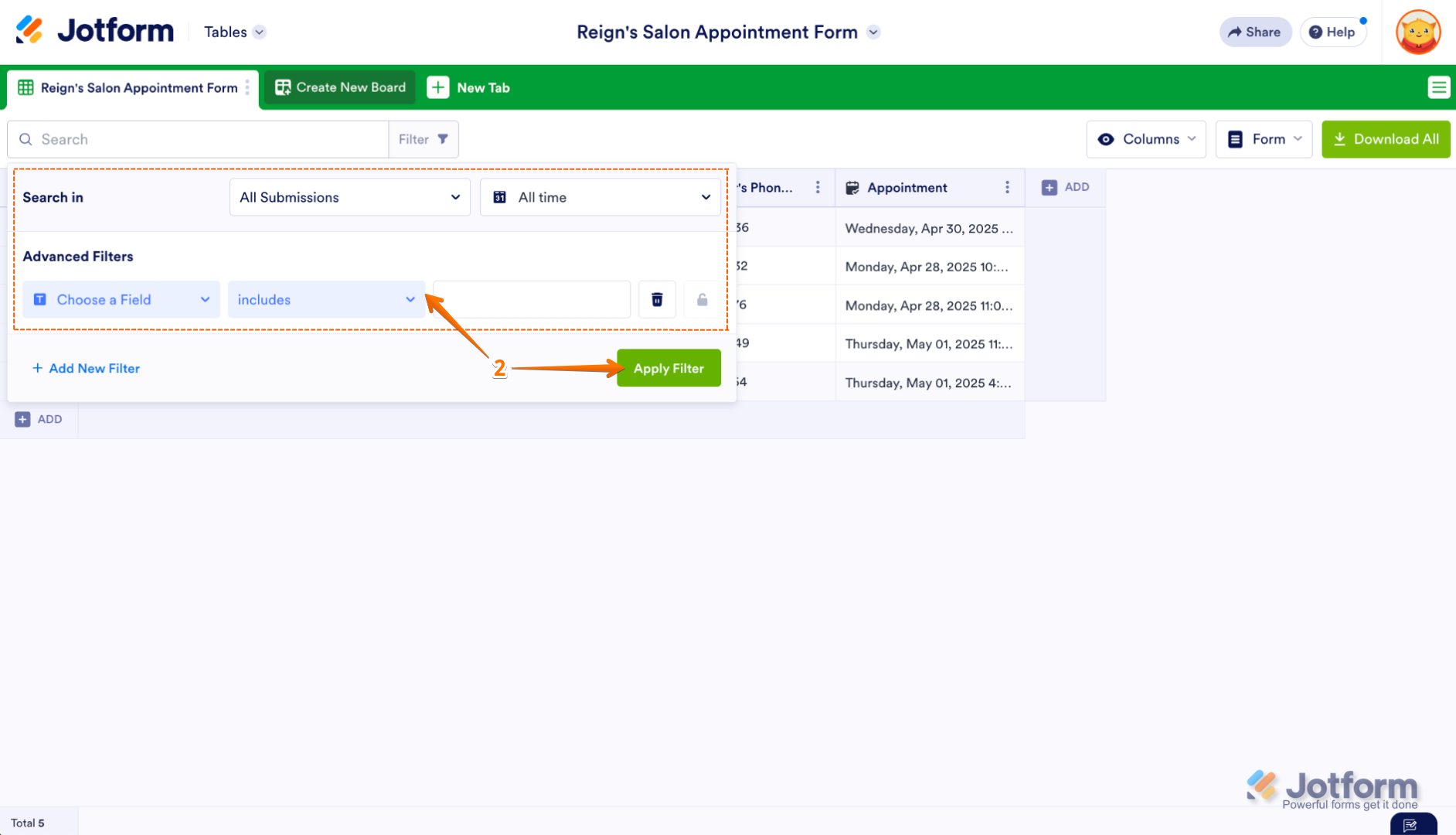 Filter configuration panel in Form Tables with Apply Filter button highlighted after selecting custom criteria