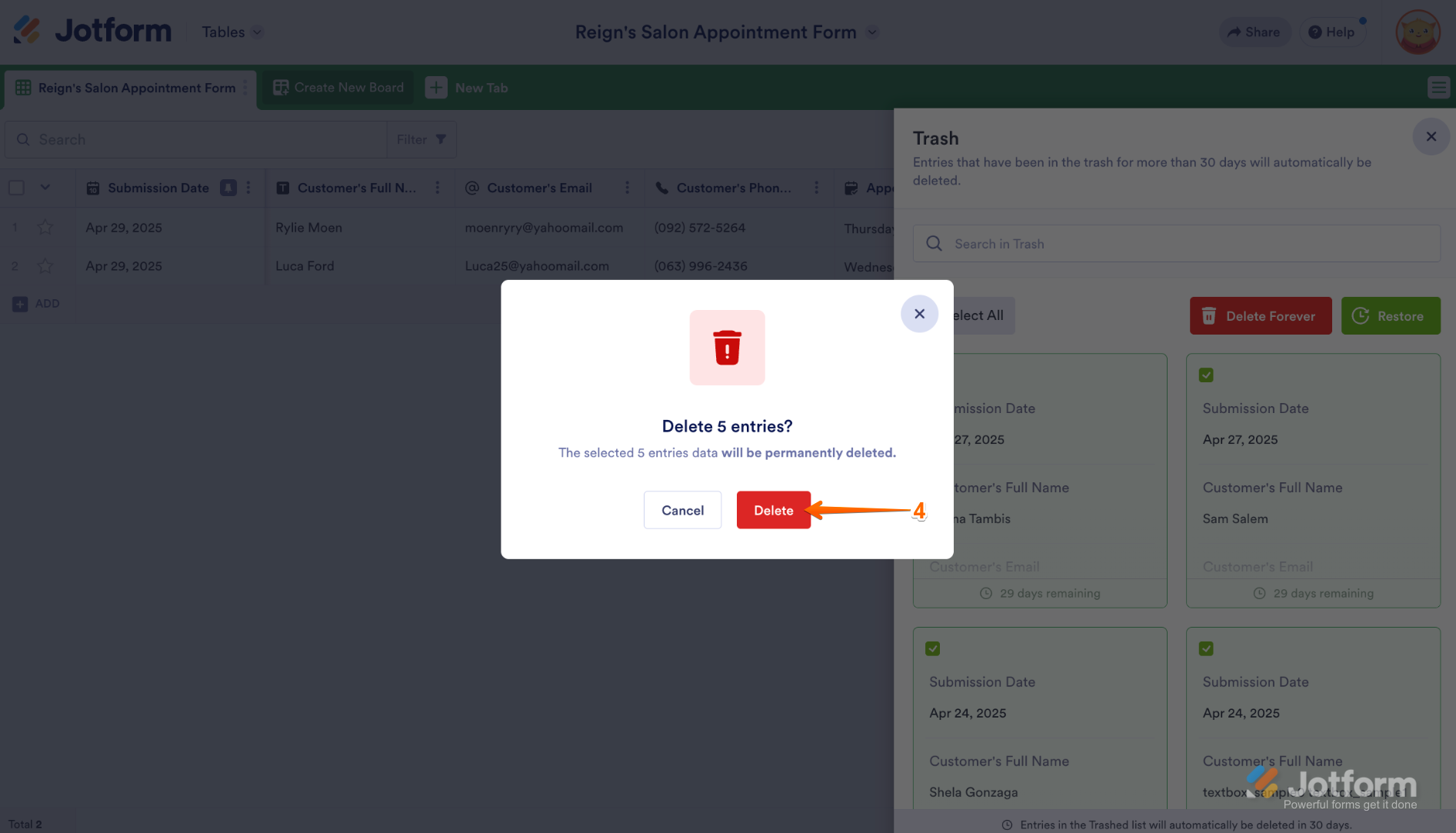 Confirmation window asking for final approval to permanently delete the selected submissions with the Delete button highlighted