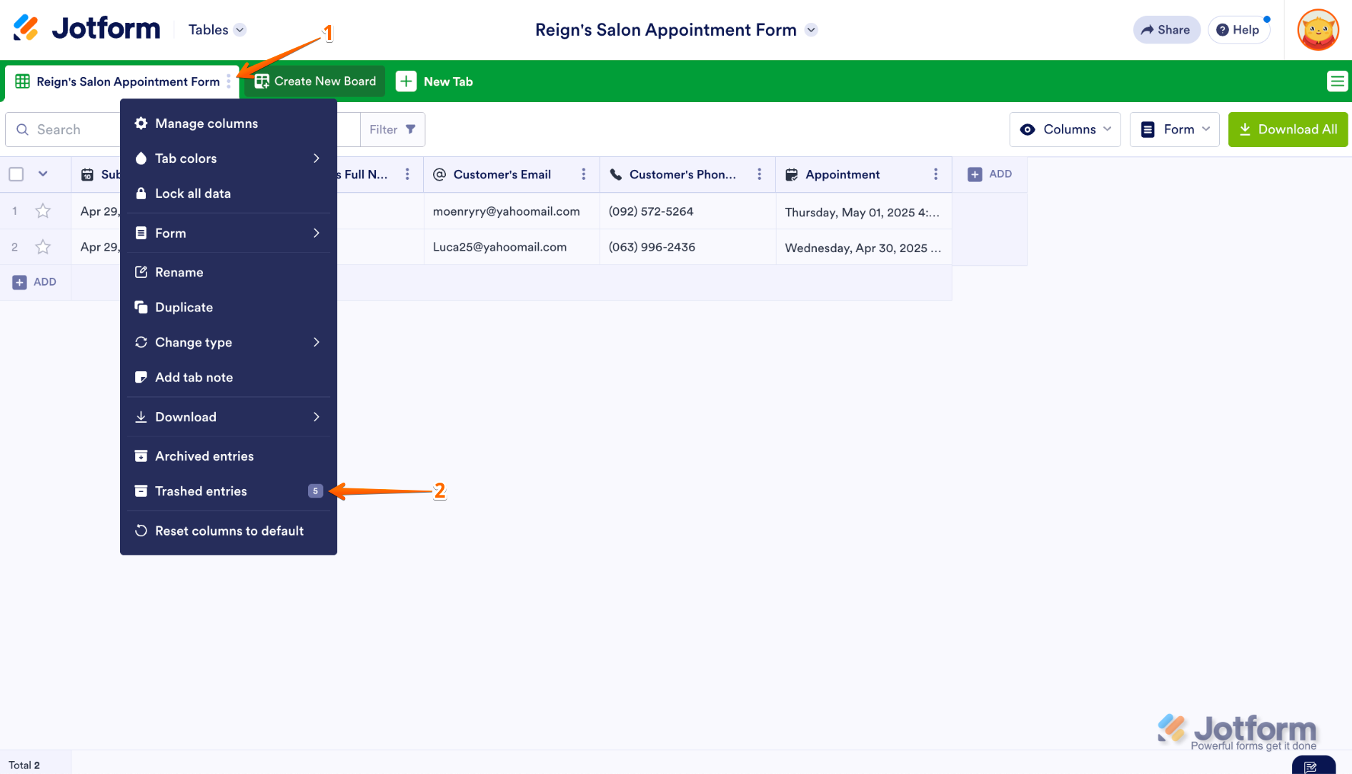Form Submission Table showing the Three Dots icon clicked on the right side of the main tab, with the Dropdown menu open and the Trashed Entries option highlighted
