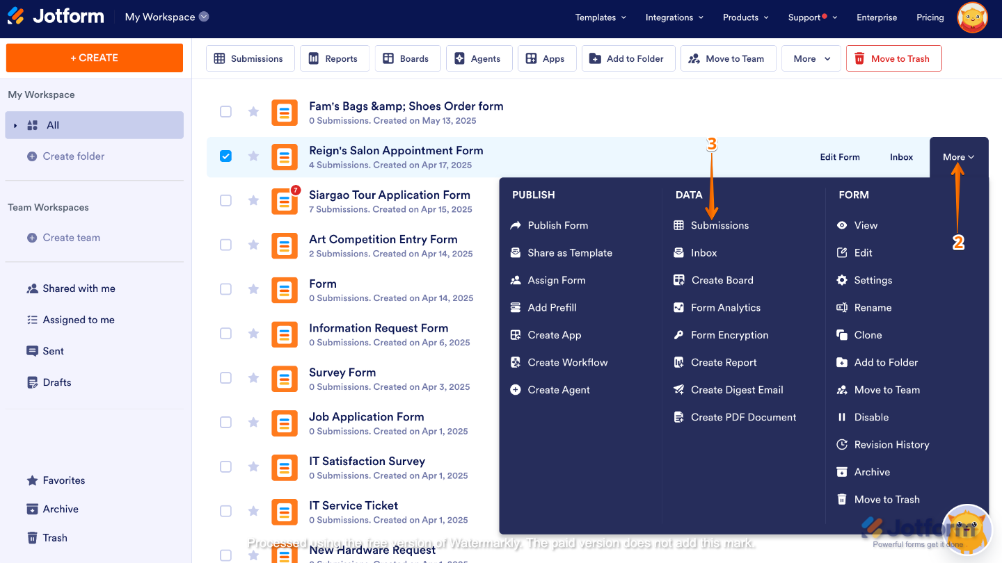 Navigating through the selected form's More dropdown and selecting Submissions