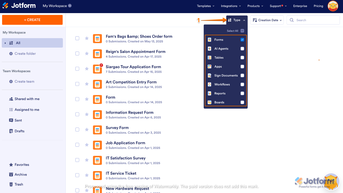 My Workspace page with the Type dropdown open and only the Forms option selected