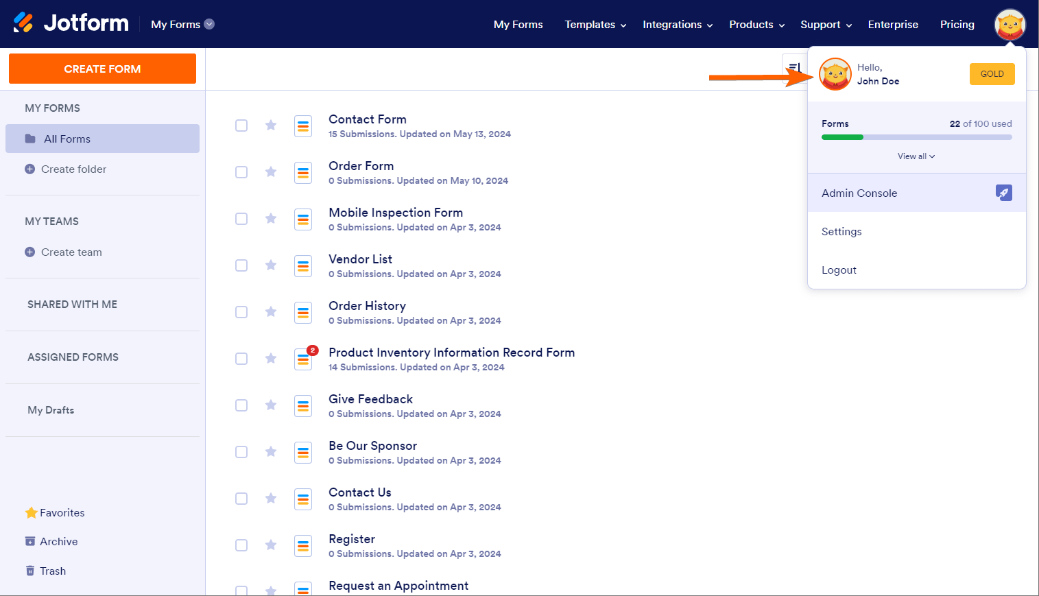 Menú de Perfil en el sitio web de Jotform